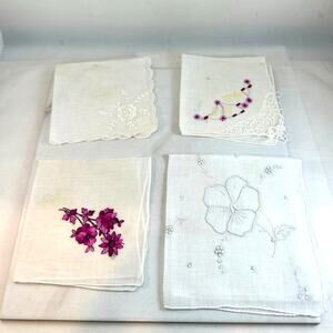 4 Vintage Embroidered white handkerchiefs